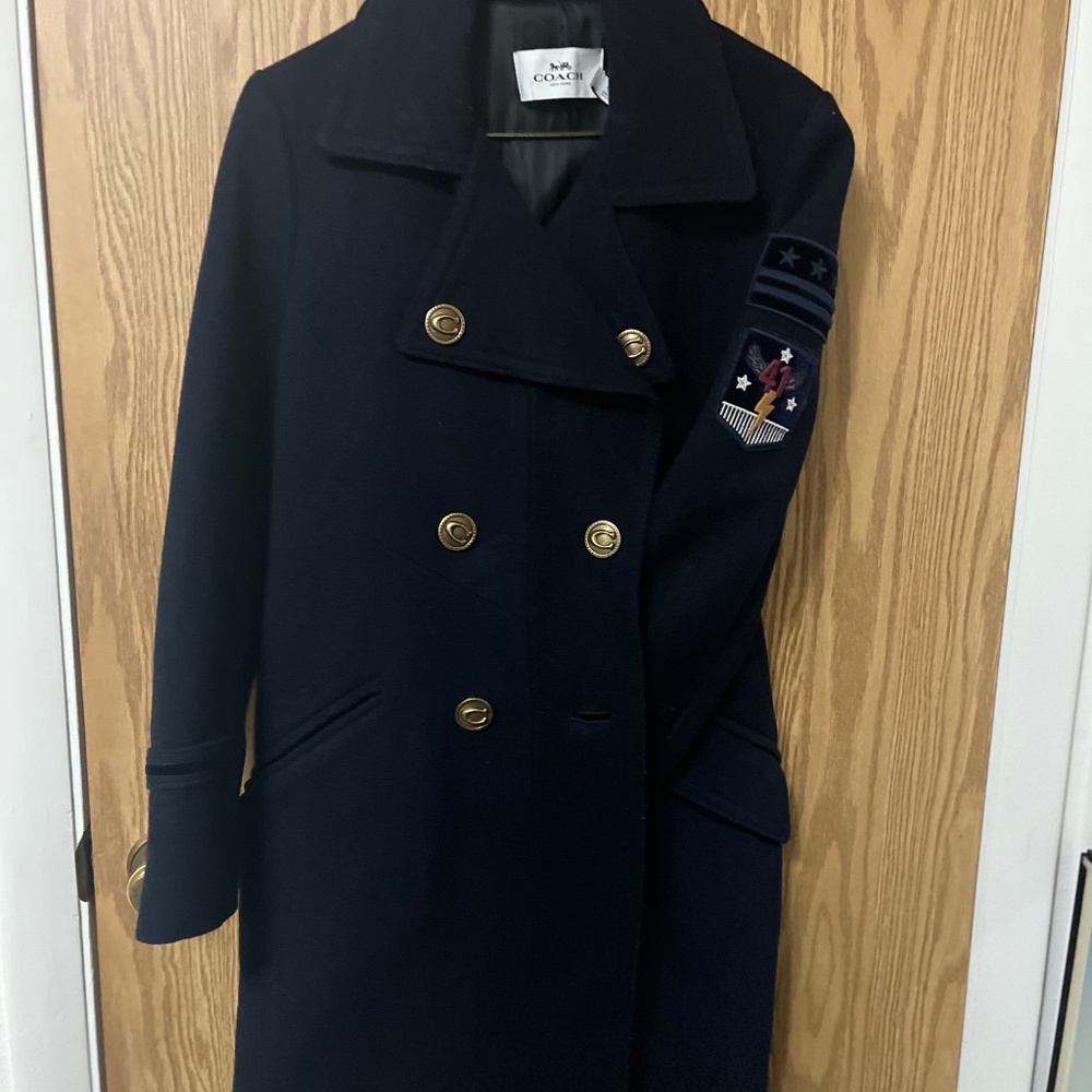 Coach Double-Breasted Wool Coat - Navy Blue, Size Small
